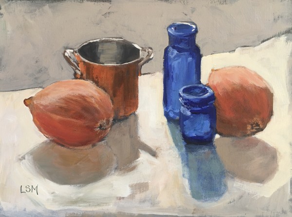 Teaming Up - Blue Bottle and Copper still life by Linda Marino