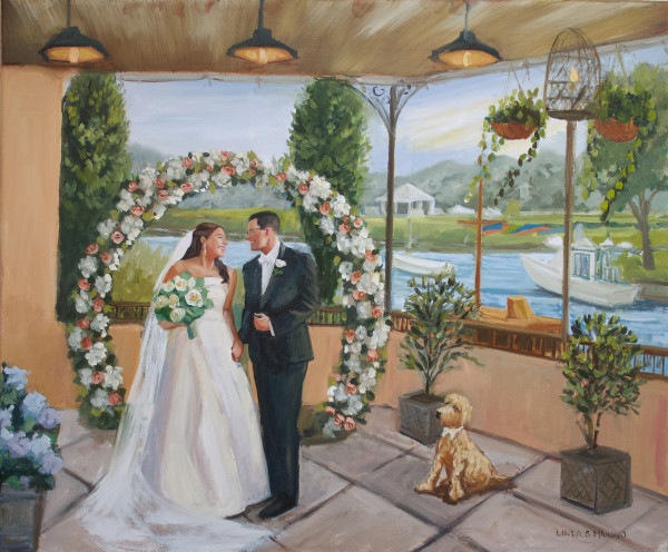 Kim and Dan's Wedding Ceremony, Live Wedding Painting  Delamar Harbor, Greenwich, CT 9-9-2023 by Linda S. Marino