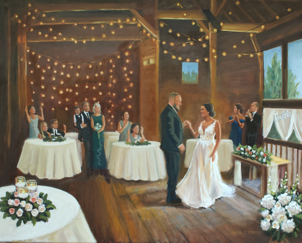 Nicole and Tyler's First Dance, Live Wedding Painting, The Barns at Wesleyan Hills, Middletown, CT 9-1-2023 by Linda S. Marino