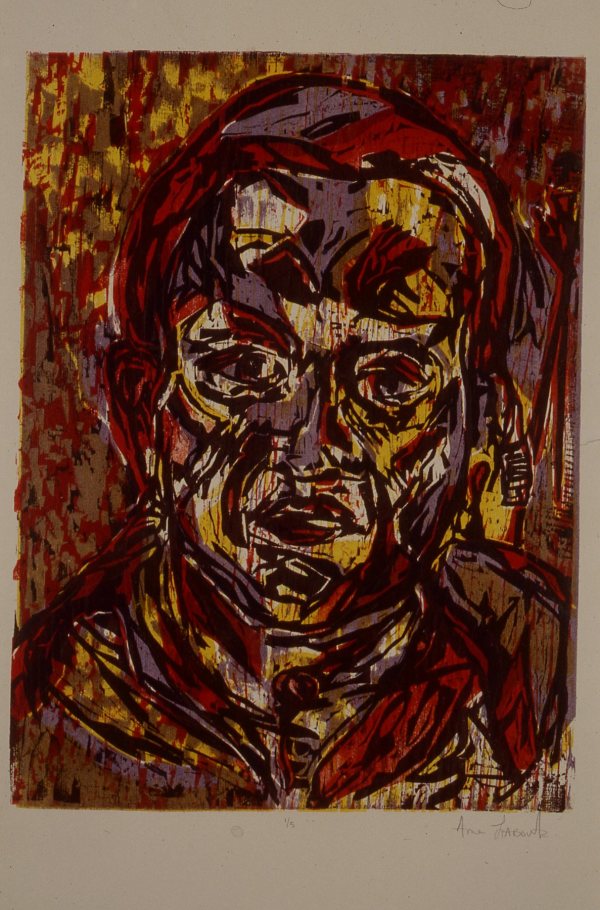 Untitled Wood Block Print IV, Masi Mira, subject sat still while many watched as a drew by Anne Labovitz