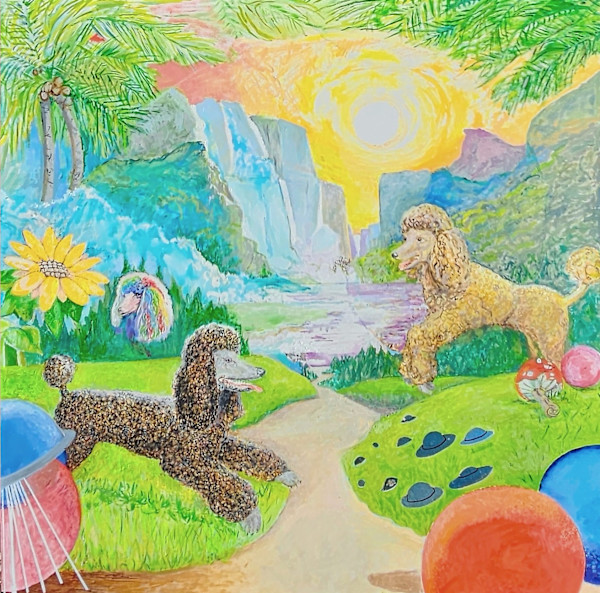 Poodles Pallet, 2025. Oil on canvas, 36 x 36 inches by Debi Slowey-Raguso