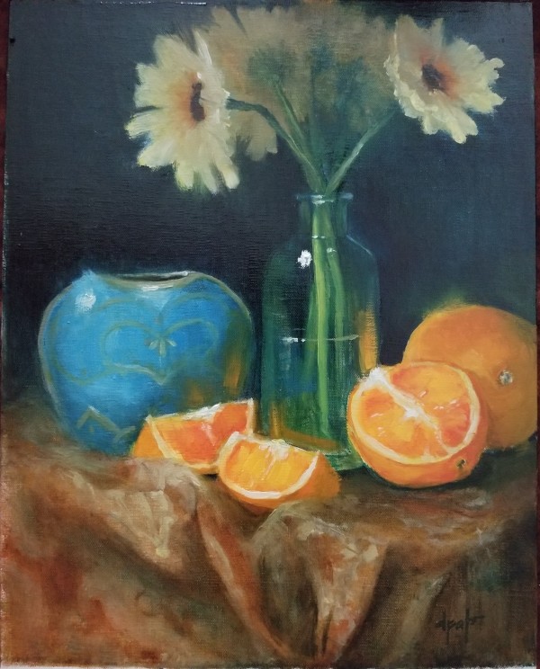 Oranges with Blue Vase by Donna Pate