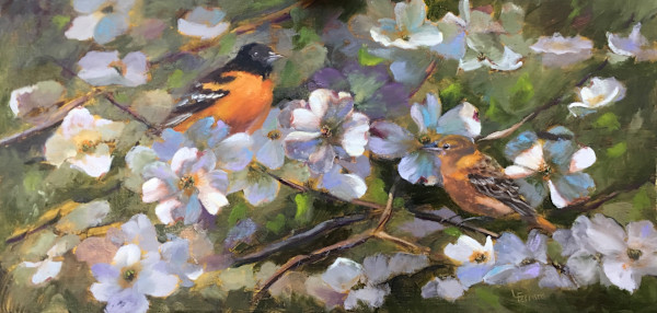 Orioles in the Dappled Dogwood by Lina Ferrara