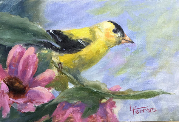 Goldfinch in the Flowers by Lina Ferrara