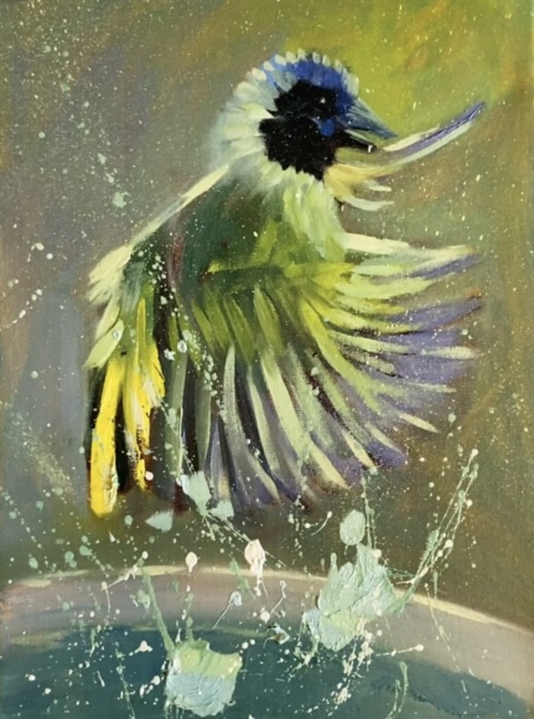 Splish-Splash at the Bird Bath 3 by Mary Kamerer Impressionist Painting