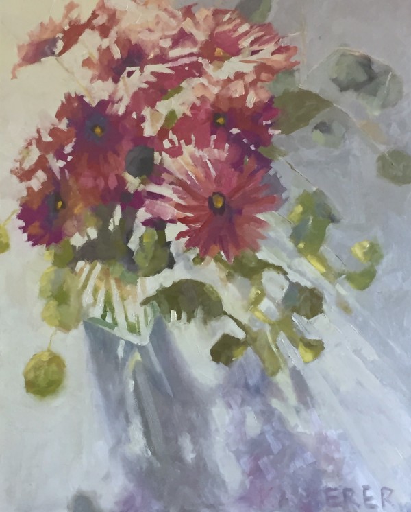 Pink Gerbera Daisies in Light by Mary Kamerer Impressionist Painting