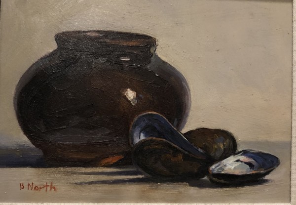Vase and mussel shells by Bruce North Artwork