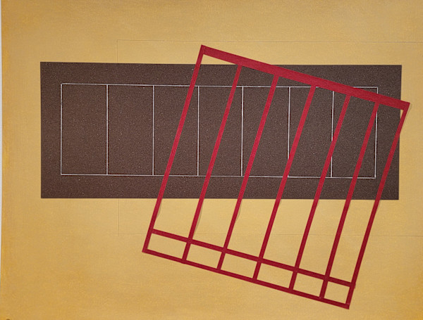 Brown Rectangle with Red Grid Askew by Jude Barton