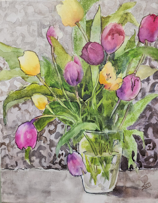 Tulips with Damask by Sue Dion