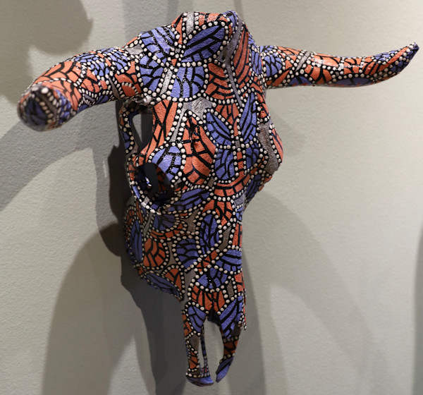 Blue & Orange Painted Cow Skull by Lon Michels