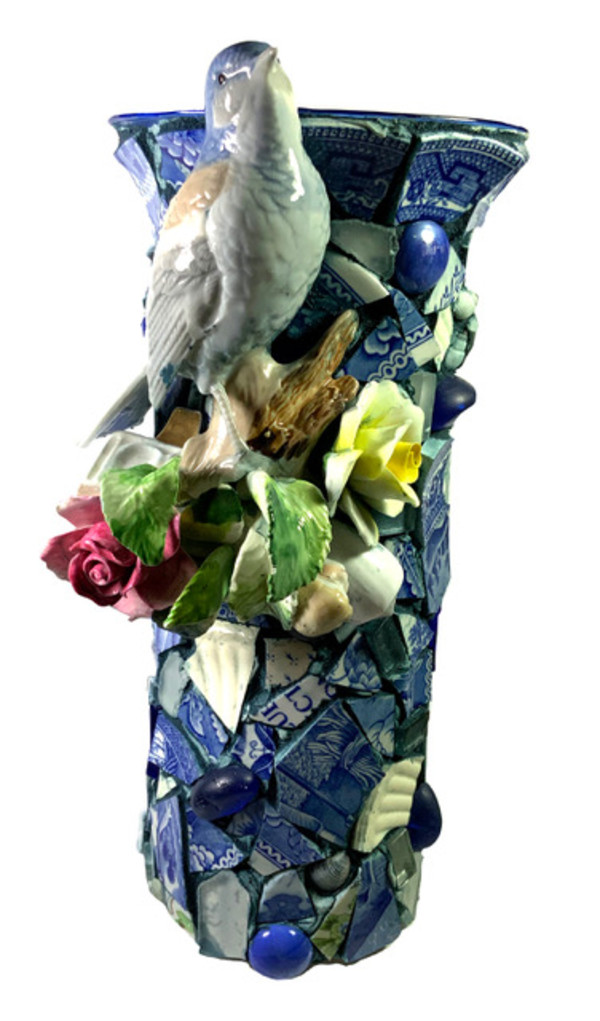 Bluebirds and Roses Vase by Mary Dickey