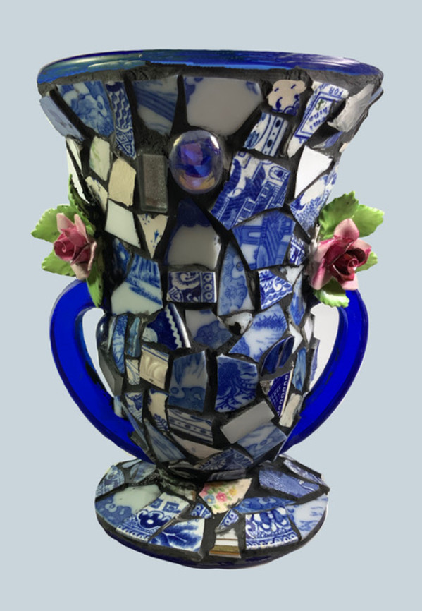 Blue Pottery and Roses Vase by Mary Dickey