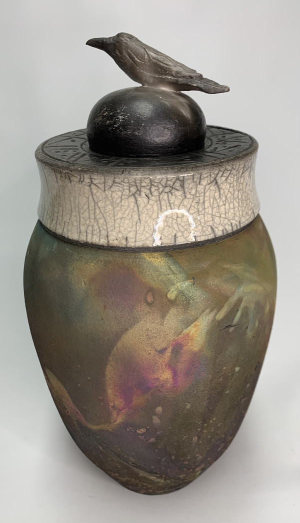 Copper Matte Covered Jar with Raven Lid by Joe Clark