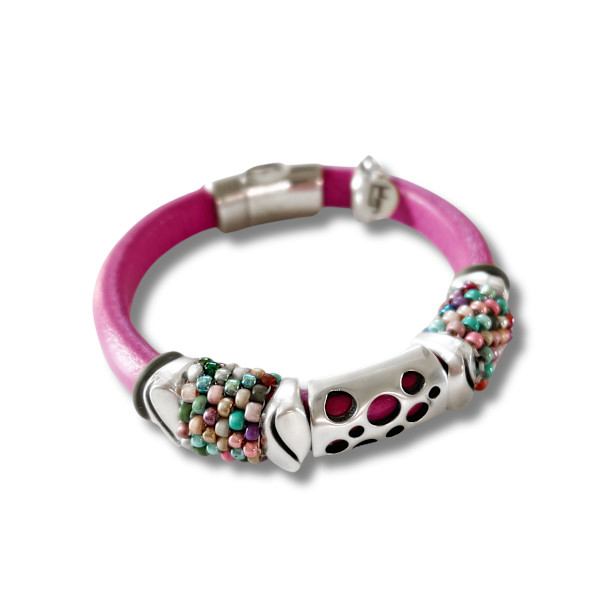Pink Leather Bracelet with Two Beaded Bands by Diana Ferguson