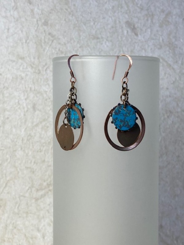 Blue Gear Copper Hoop Earrings by Luann Roberts Smith