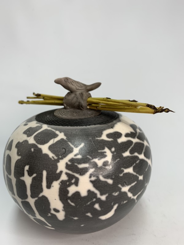 Naked Raku Pot with Lid and Reed Accent by Joe Clark