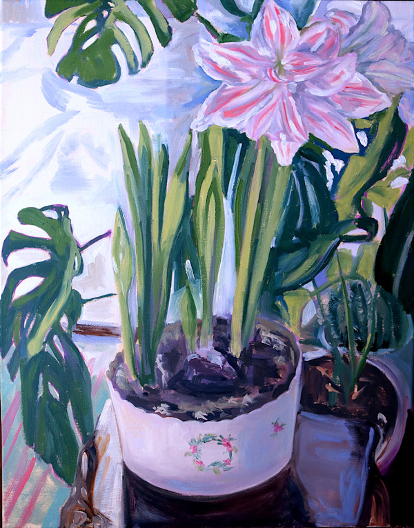 Amaryllis and Monstera with Snowscape by Marlys Greenhalgh