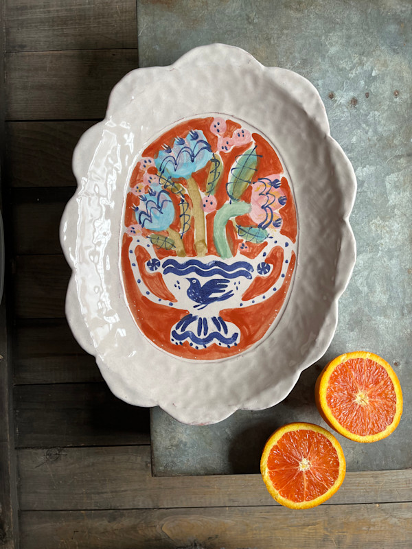 Large Oval Platter with Vase and Flowers by Alyssa Martz