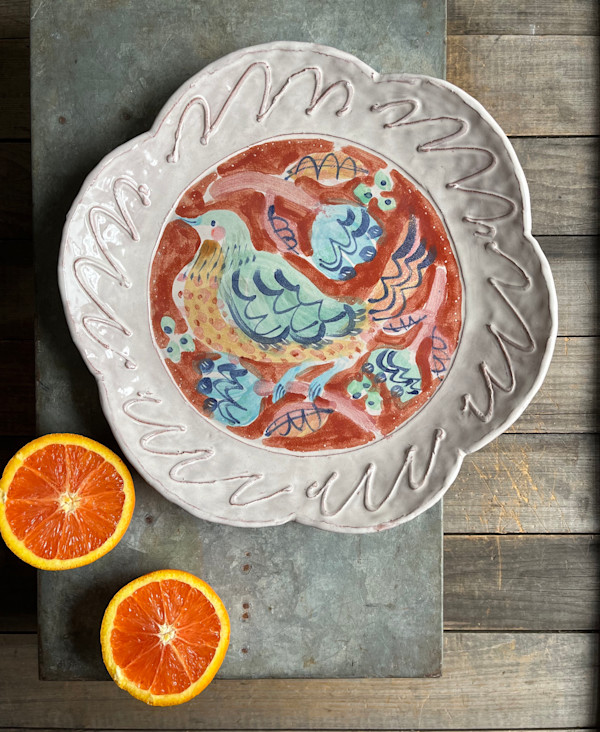 Large Round Platter with Bird and Flower Design by Alyssa Martz
