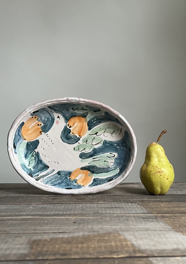 Blue and Orange Bird Oval Plate by Alyssa Martz