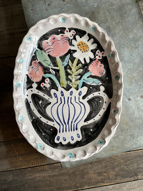 oval platter, flowers w/black by Alyssa Martz