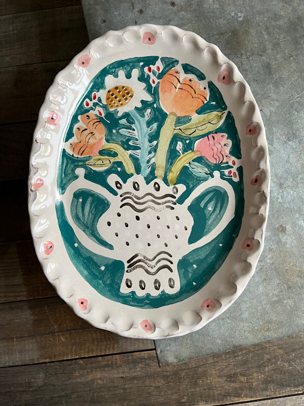 oval platter, flowers w/teal by Alyssa Martz