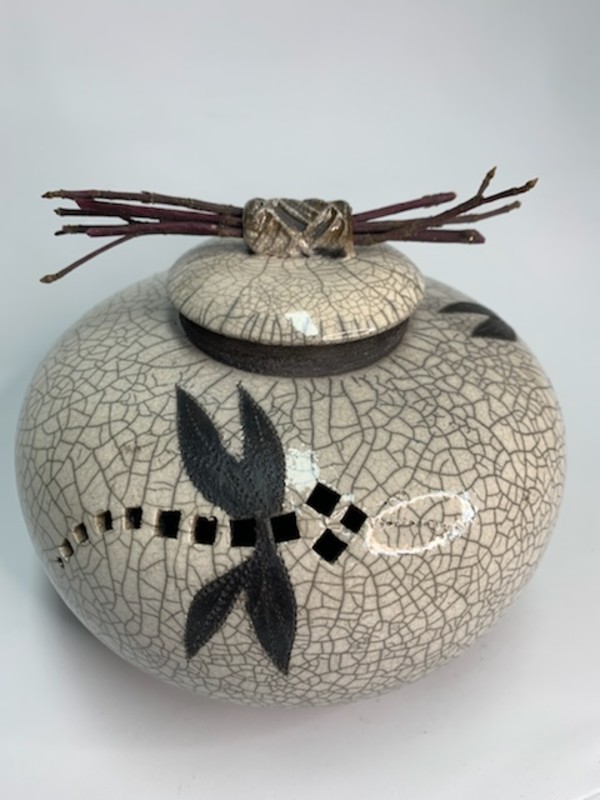 White Crackle Jar with Three Dragonflies by Joe Clark