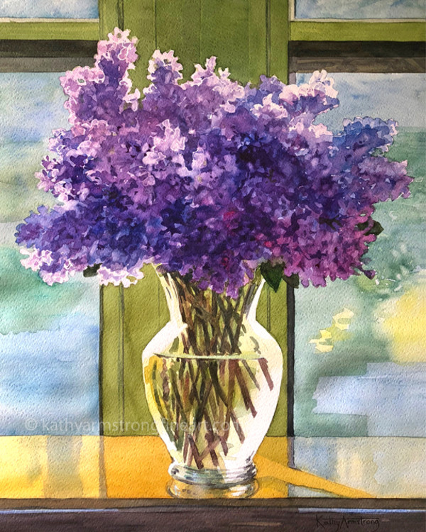 Lilacs in Clear Vase by Kathy Armstrong