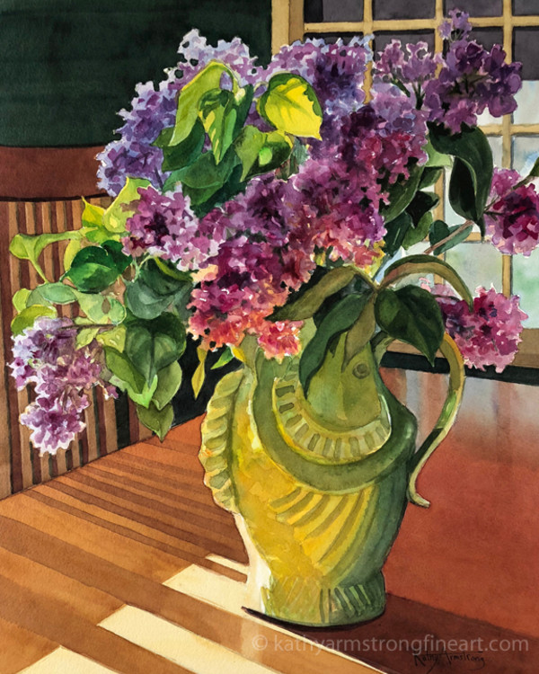 Lilacs in Green Fish Vase by Kathy Armstrong