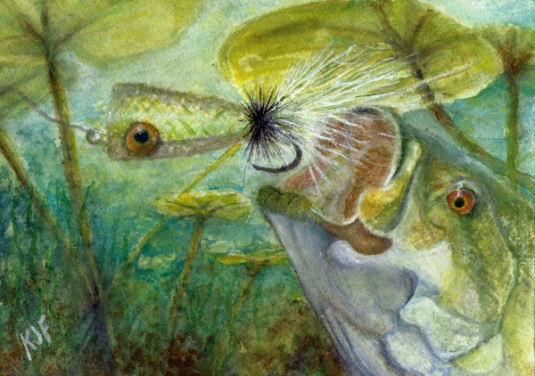 Lurking Below  (Bass Fly with Bass) by Katherine J Ford