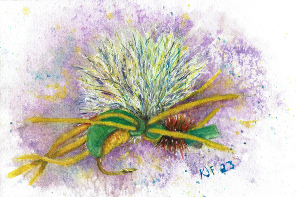 Green Fat Angie Fishing Fly Watercolor Painting by Katherine J Ford