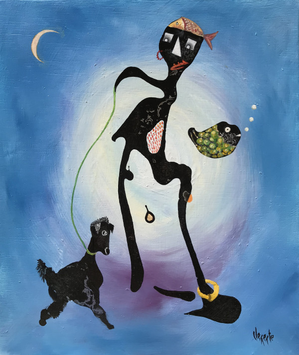 Man, Dog, Fish on Blue by Clemente Mimun