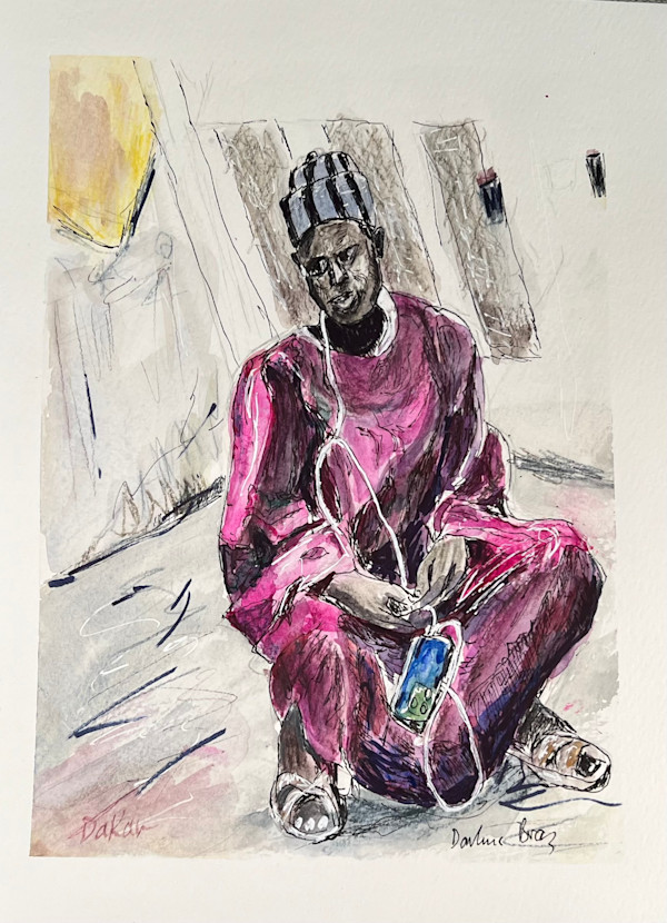 Vendor In Magenta Robe In Market Place With Ear Buds by Darline Braz