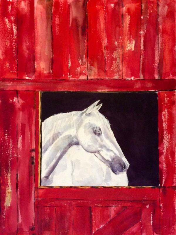 Red barn with horse by Marina Marinopoulos