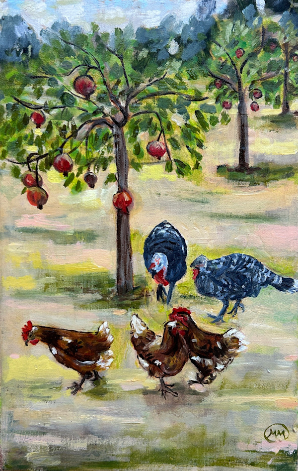 Farm fowls and pomegranates by Marina Marinopoulos