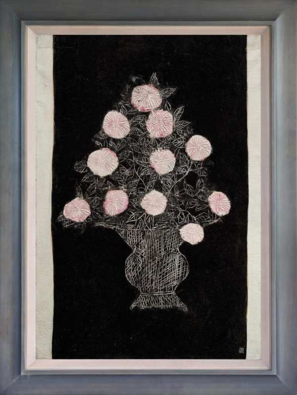 (133/200) 常玉版畫 黑底淨白粉菊 White and Pink Chrysanthemums in a Navy Black Background by 常玉 Sanyu