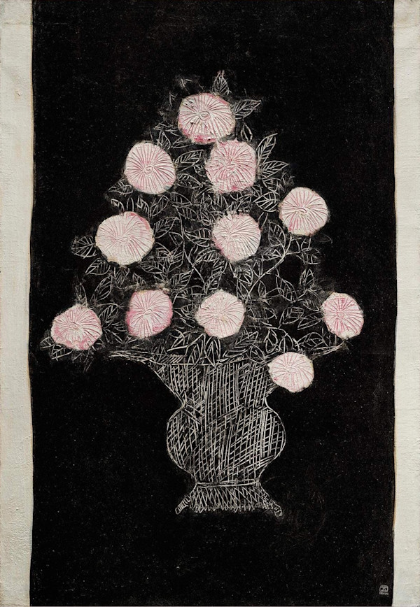 常玉限量版畫 - 黑底淨白粉菊 White and Pink Chrysanthemums in a Navy Black Background by 常玉 Sanyu
