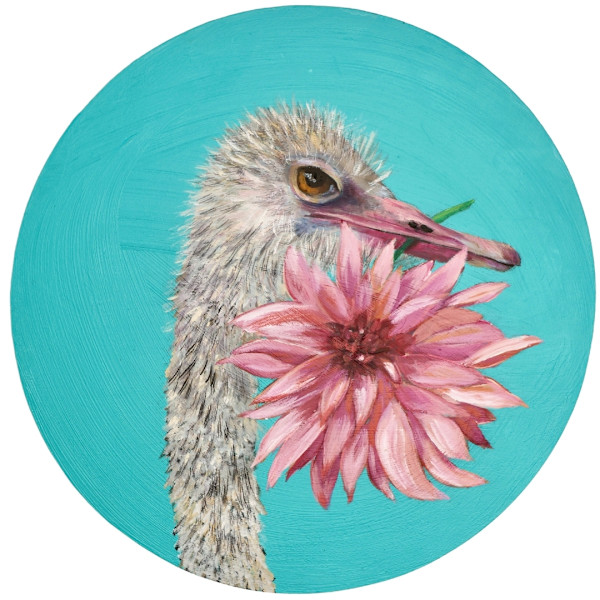 Ostrich and dahlia by Leslie Cline