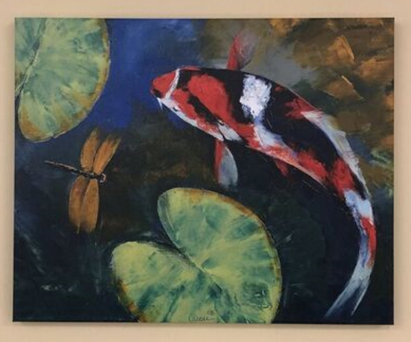 Showa Koi and Dragonfly by Michael Creese