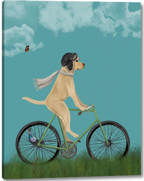 Yellow Labrador in Flying Helmet on Bicycle, Sky