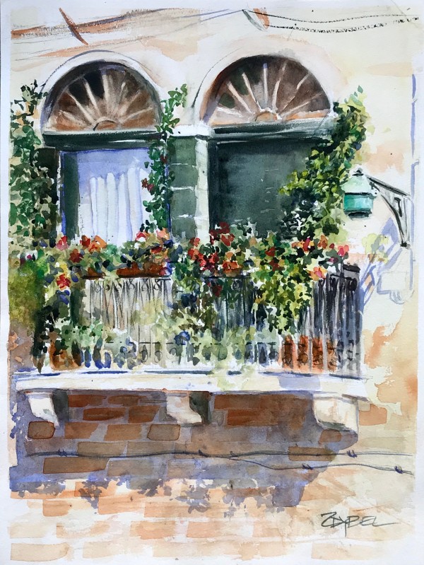 Balcony with Flowers and Street Lamp by Rebecca Zdybel