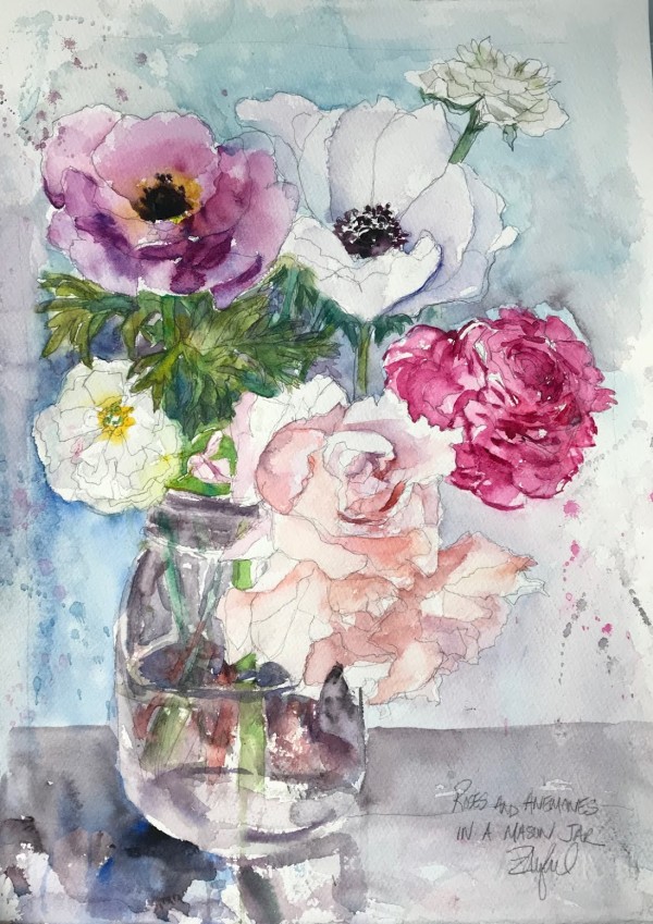 Roses and Anemones in a Mason Jar by Rebecca Zdybel