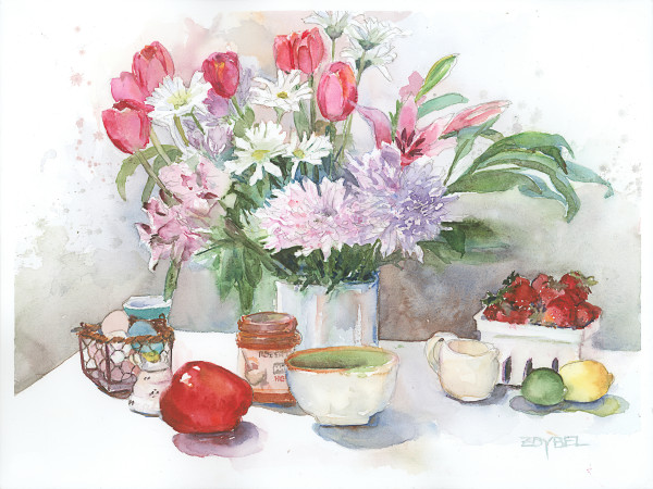 Still Life with Tulips and Strawberries by Rebecca Zdybel