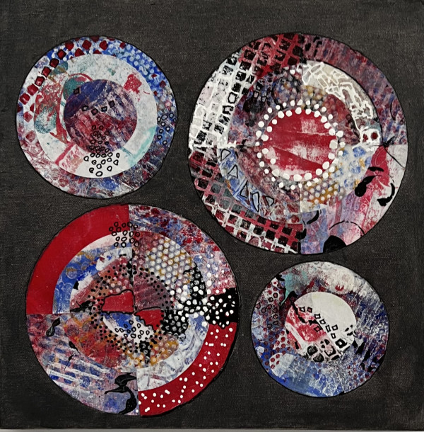 Abstract Circles on Canvas with Collage by Rebecca Zdybel