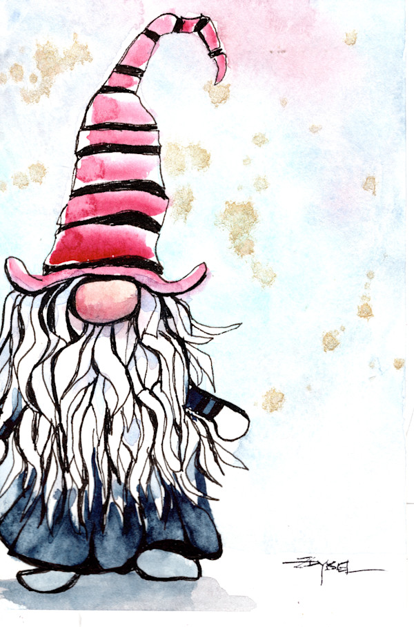 Gnome Elf with Red and Black Stripe Hat Offset by Rebecca Zdybel
