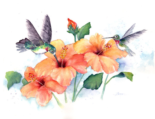 Humingbird Pair and Coral Hibiscus by Rebecca Zdybel