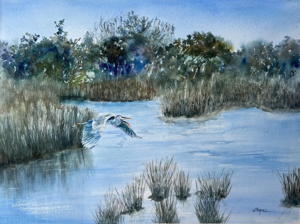 Marsh Heron in Flight by Rebecca Zdybel