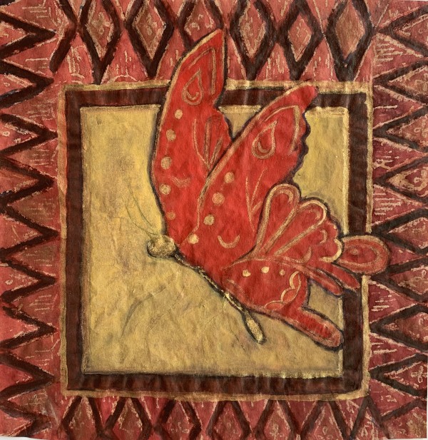 Batik Red Butterfly with gold Square by Rebecca Zdybel