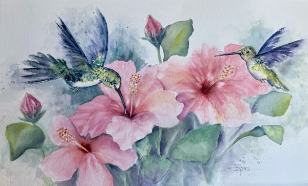 Hummingbirds in the Hibiscus by Rebecca Zdybel