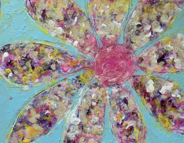 Flower Power 1 teal and pink center by Rebecca Zdybel